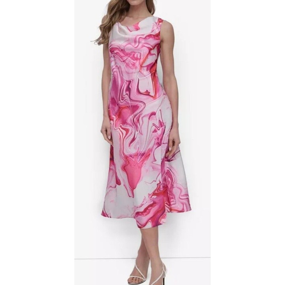 DKNY Women’s Pink Abstract Marble Print Sleeveless Midi Dress Cowl Neck Size 12